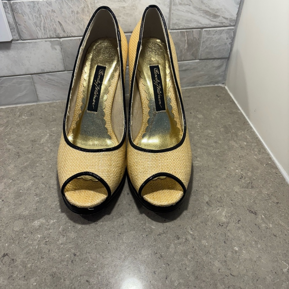 Beverly Feldman Gold and Black Peep-Toe Heels